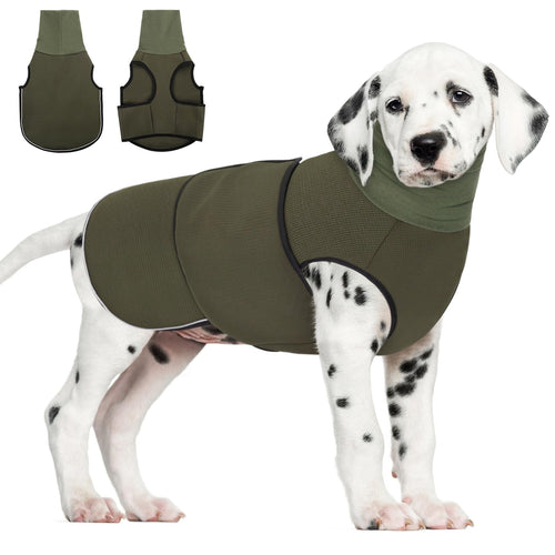 Army green calming anxiety hoodie for small dogs with attached ear cover and reflective strips