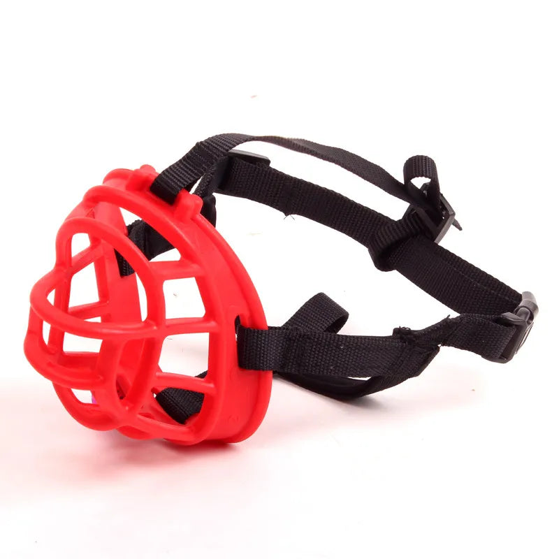 Silicone basket muzzle for dogs in Red with black adjustable straps, side view