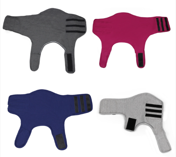 Snug wrap jacket for dogs laid flat in all four colors: Dark Gray, Rose Red, Blue and Light Gray