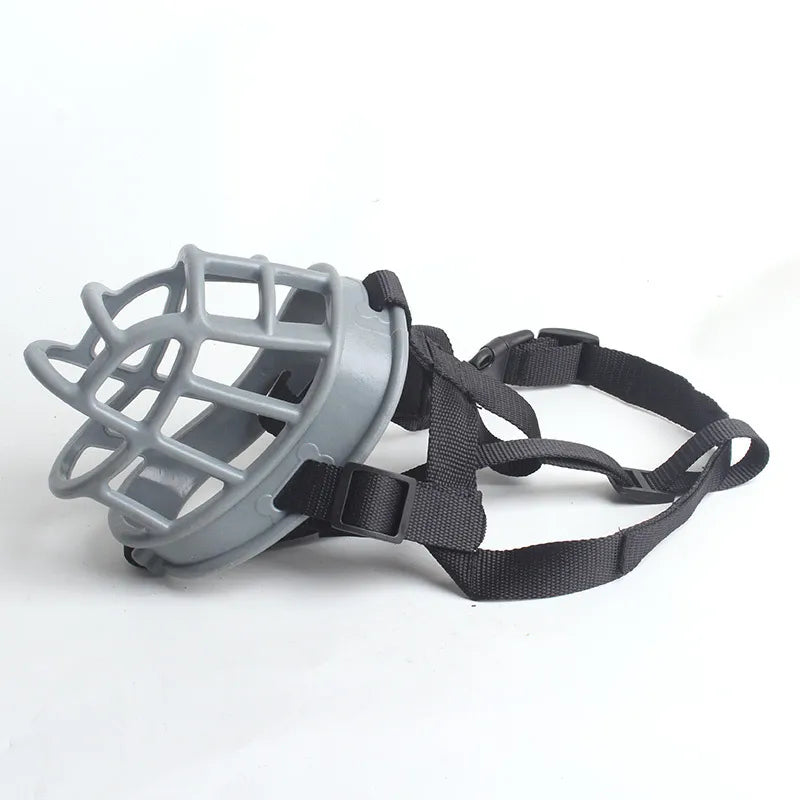 Silicone basket muzzle for dogs in Gray with black adjustable straps, side view