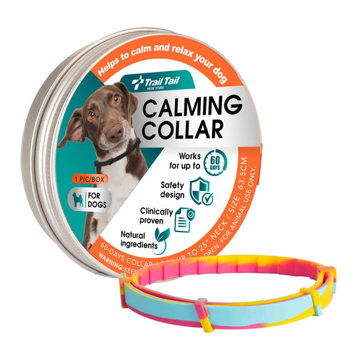 Calming collar for dogs — rainbow pheromone anxiety relief collar, packaging with dog