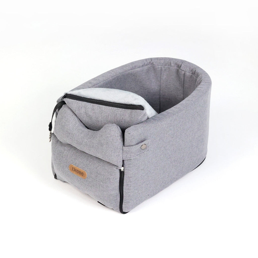 Dog car seat bed in Gray, empty, three-quarter view