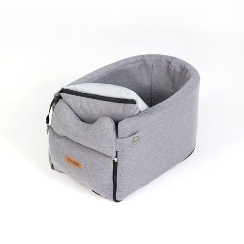 Dog car seat bed in Gray, empty, three-quarter view