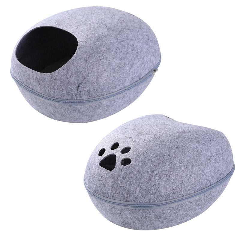 Felt cat cave bed in Light Gray, two views: the round front opening and the paw-print cutout on the back