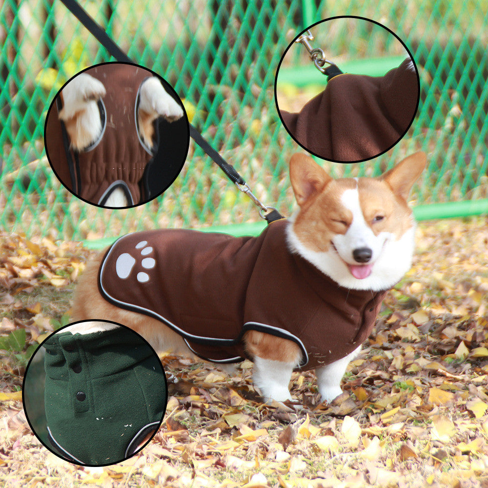 Corgi wearing the brown fleece turtleneck dog coat outdoors, with close-ups of the collar and the dark green version