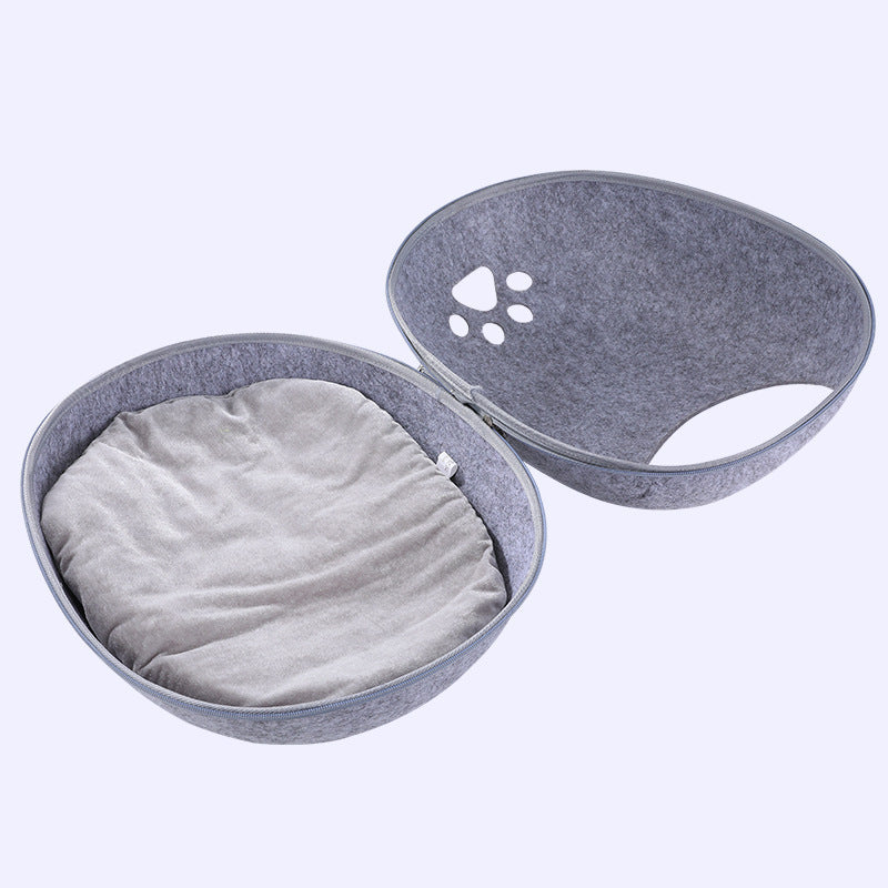 Felt cat cave bed in Light Gray unzipped into two halves, with the soft cushion inside