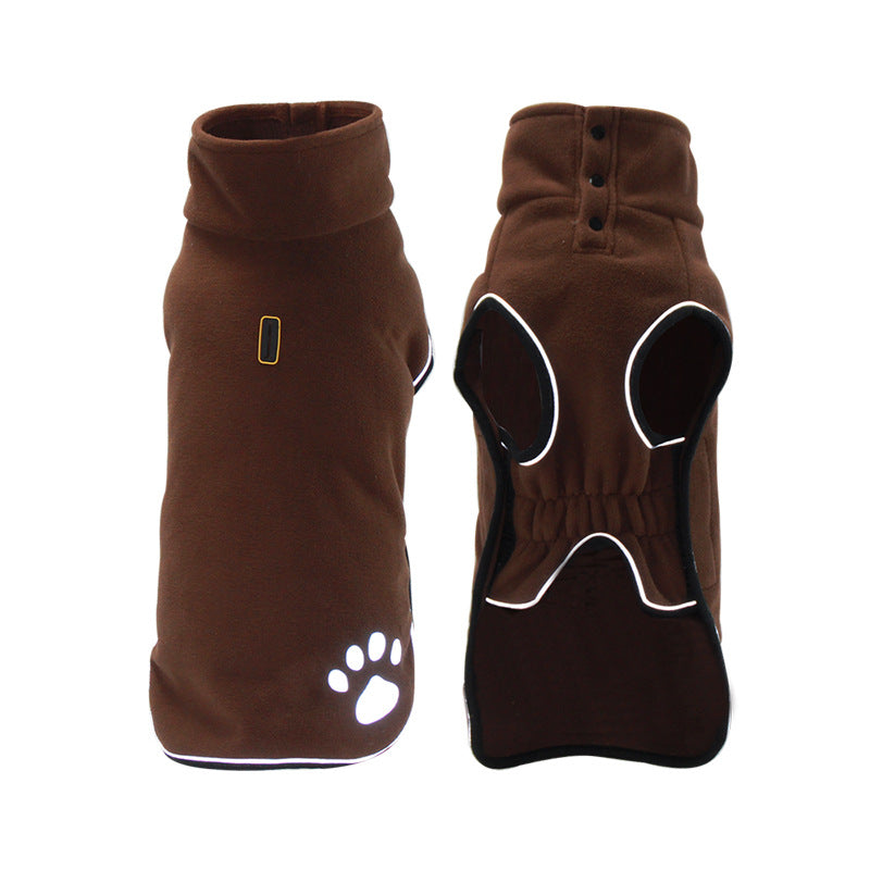 Brown fleece turtleneck dog coat, front and back, with snaps at the collar and a leash opening