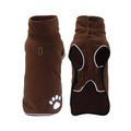 Brown fleece turtleneck dog coat, front and back, with snaps at the collar and a leash opening