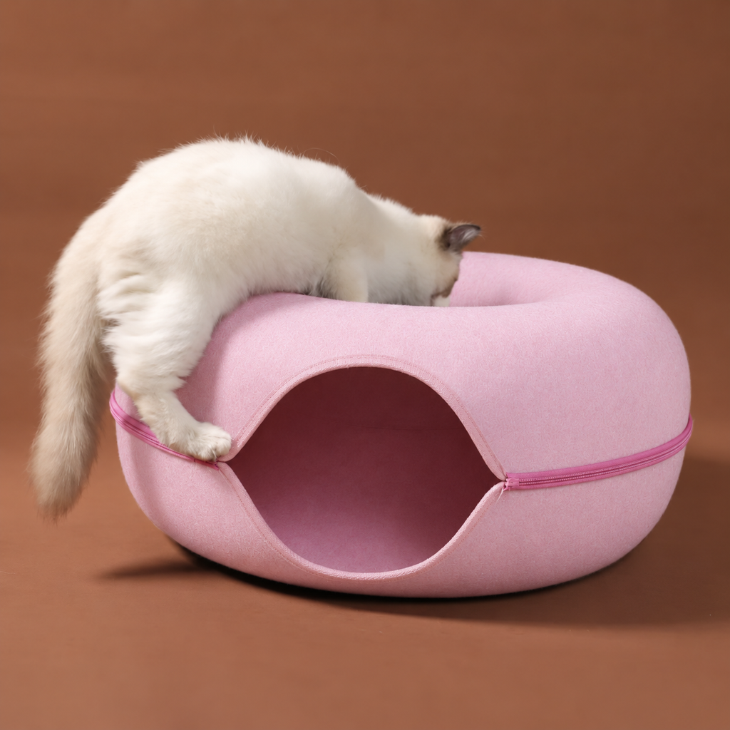 A white cat climbing onto the pink felt tunnel nest