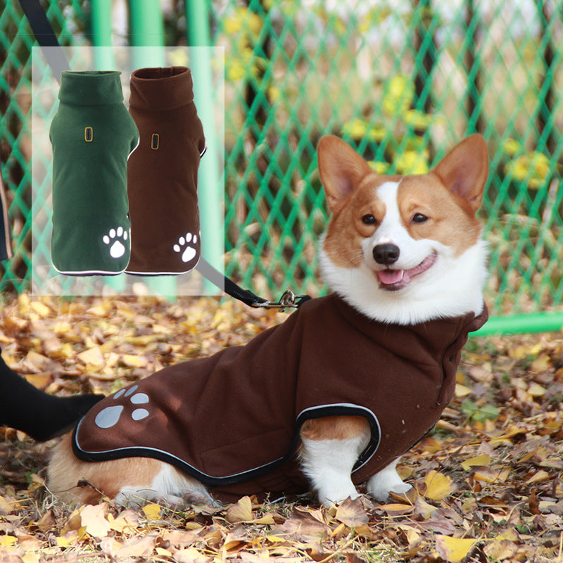 Corgi wearing the brown fleece dog coat, with the dark green and brown coats shown side by side