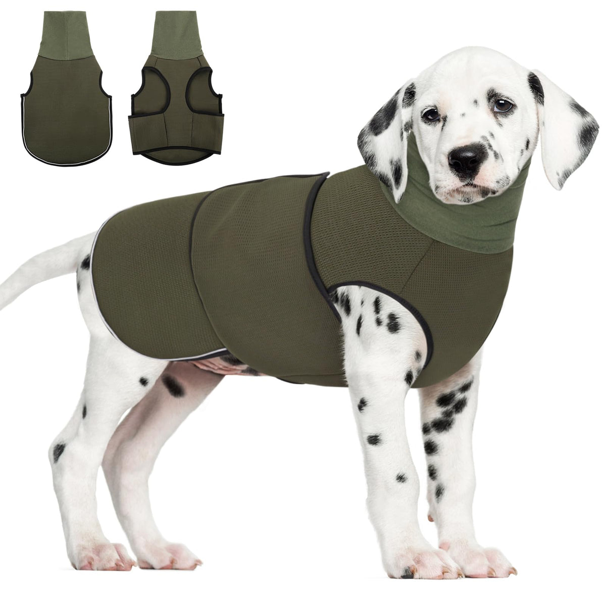 Army green calming anxiety hoodie for small dogs with attached ear cover and reflective strips